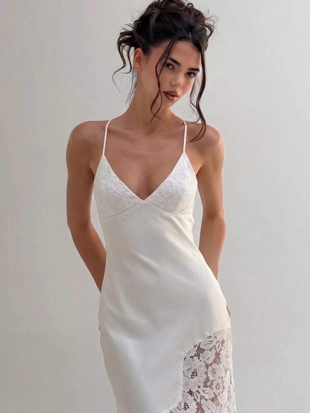 Cream Lace-Trim Midi Slip Dress with Spaghetti Straps